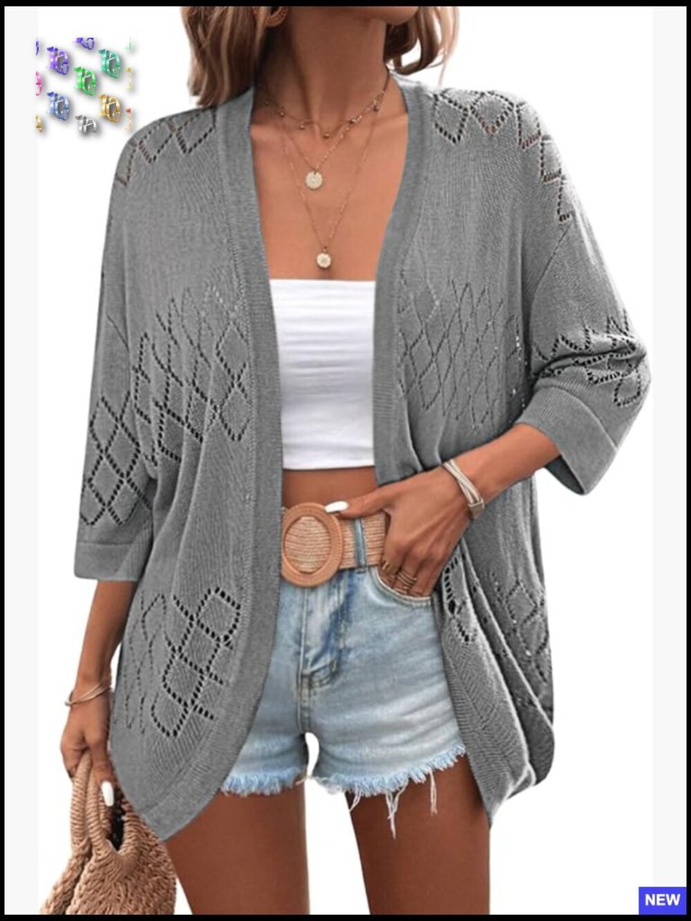 Lightweight Crochet Cardigan Open Front 3/4 Sleeve Knit Kimono Summer Boho